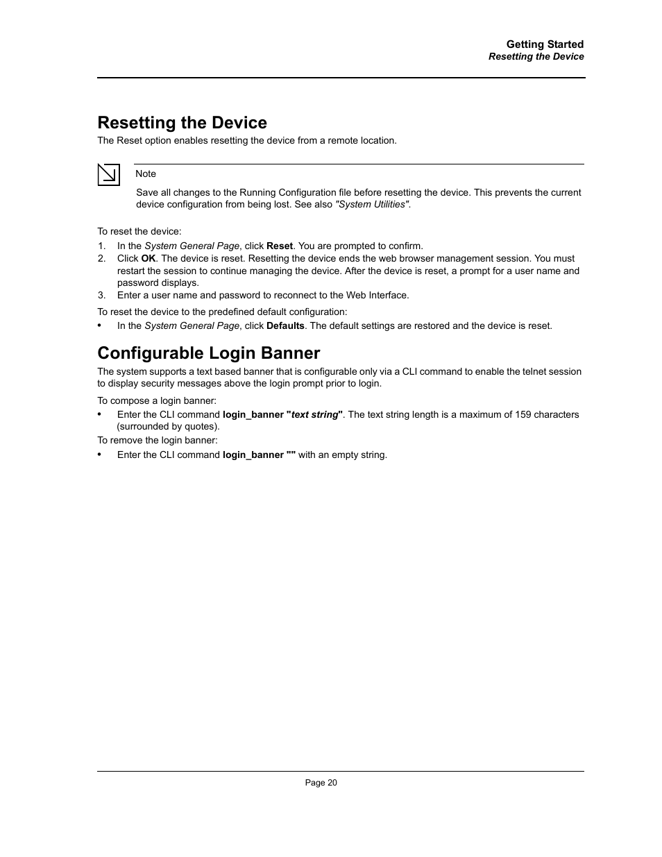 Resetting the device, Configurable login banner | Allied Telesis AT-S94 User Manual | Page 20 / 250