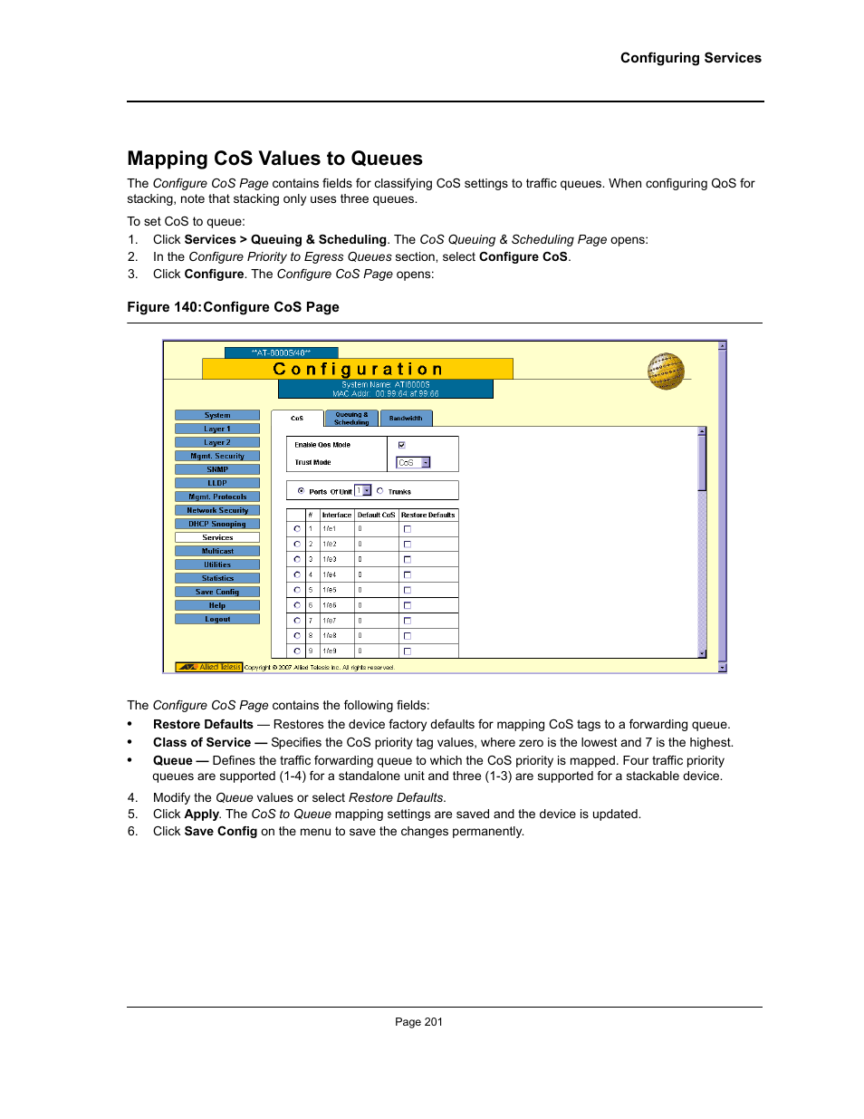 Mapping cos values to queues | Allied Telesis AT-S94 User Manual | Page 201 / 250