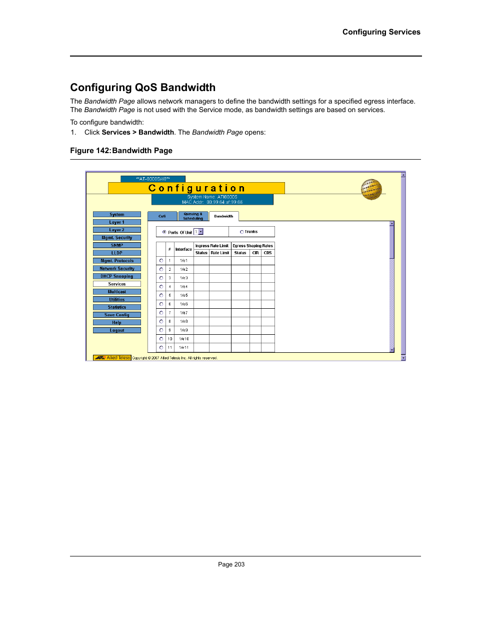 Configuring qos bandwidth | Allied Telesis AT-S94 User Manual | Page 203 / 250