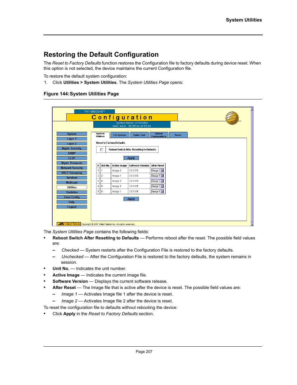Restoring the default configuration | Allied Telesis AT-S94 User Manual | Page 207 / 250