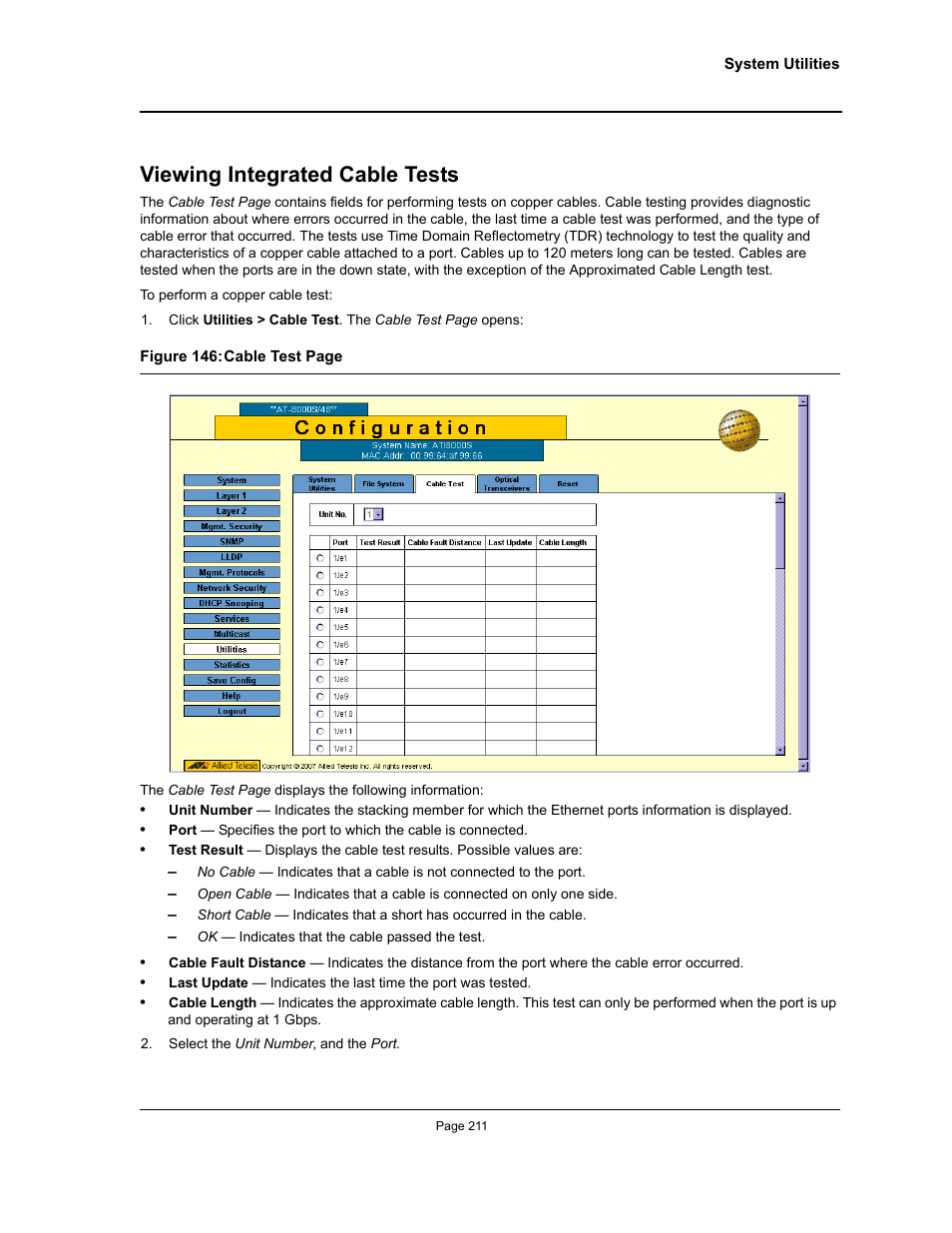Viewing integrated cable tests | Allied Telesis AT-S94 User Manual | Page 211 / 250