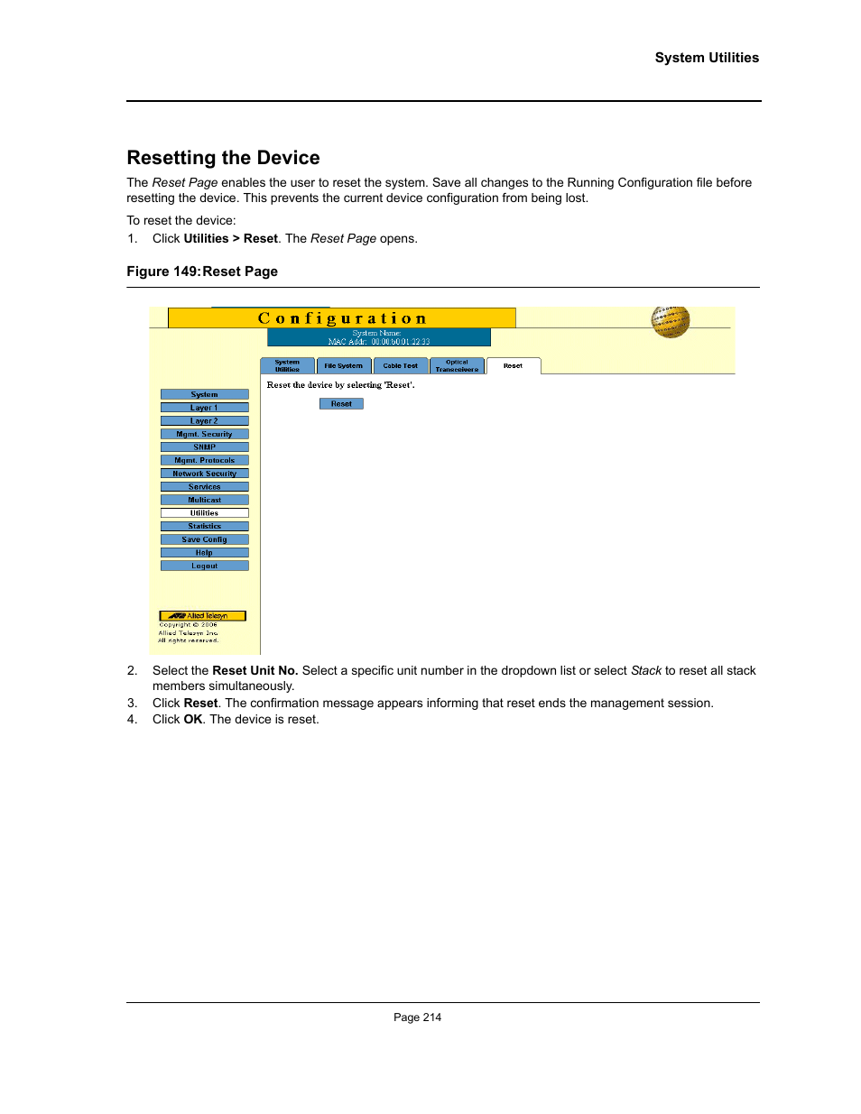 Resetting the device | Allied Telesis AT-S94 User Manual | Page 214 / 250