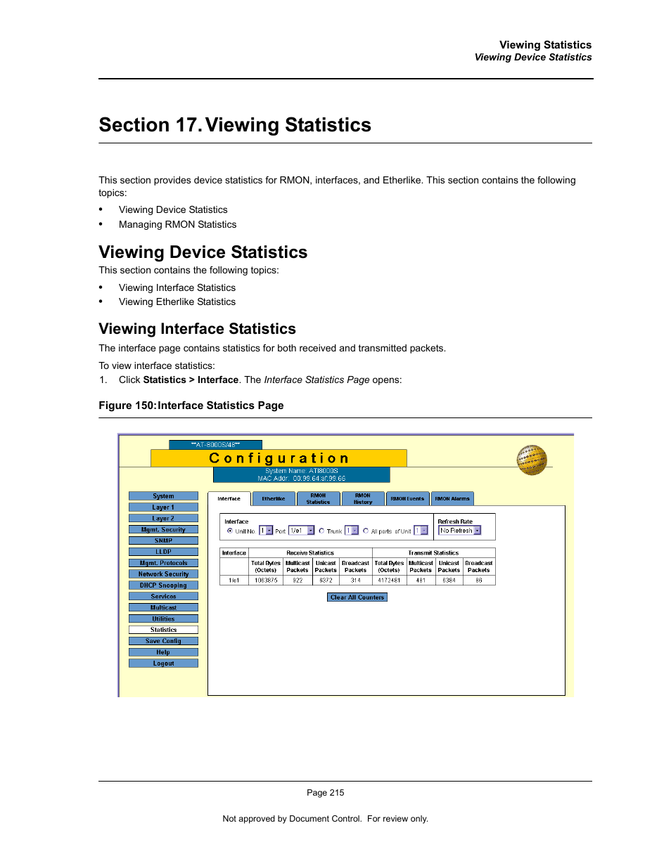Section 17. viewing statistics, Viewing device statistics, Viewing interface statistics | Viewing statistics | Allied Telesis AT-S94 User Manual | Page 215 / 250