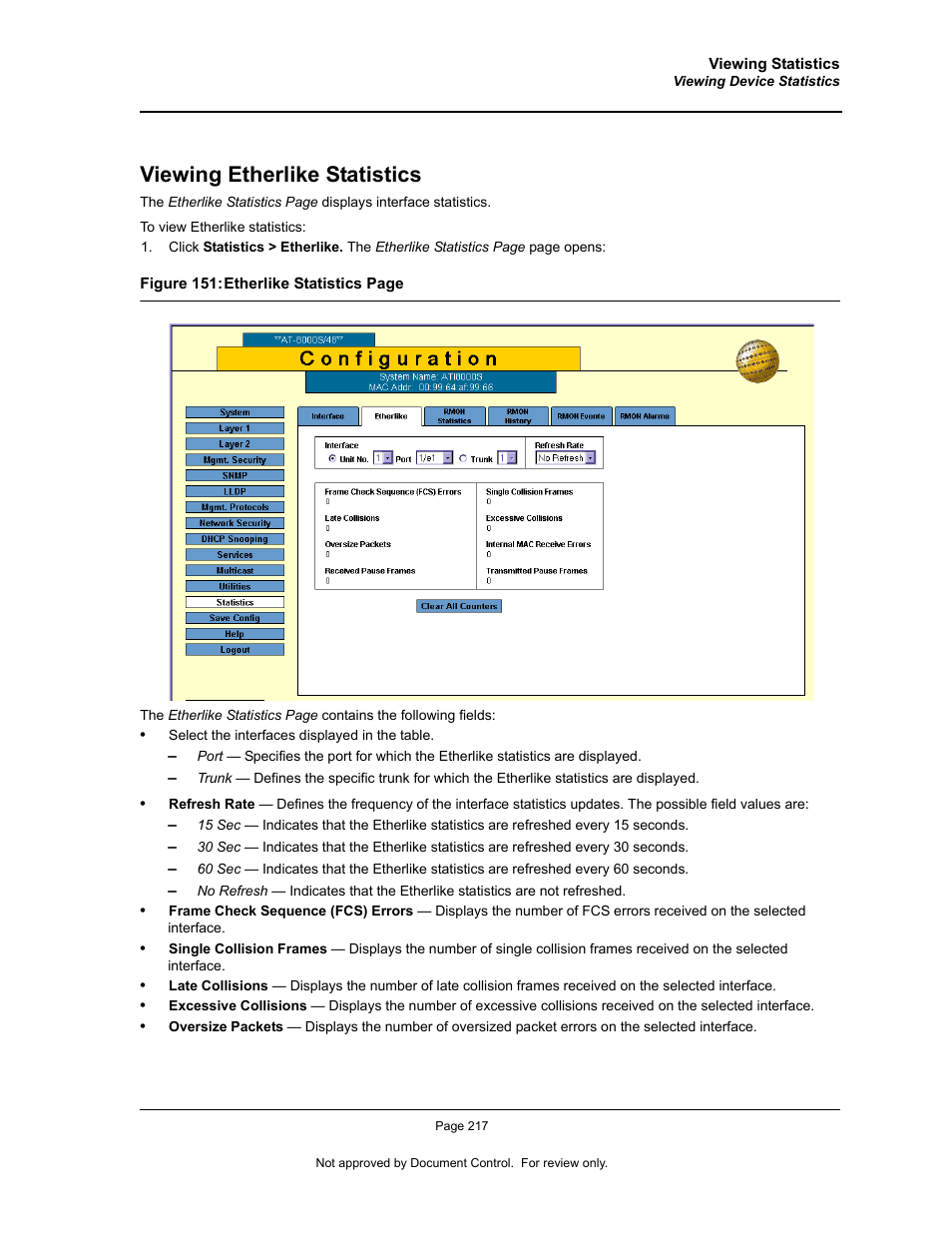 Viewing etherlike statistics | Allied Telesis AT-S94 User Manual | Page 217 / 250