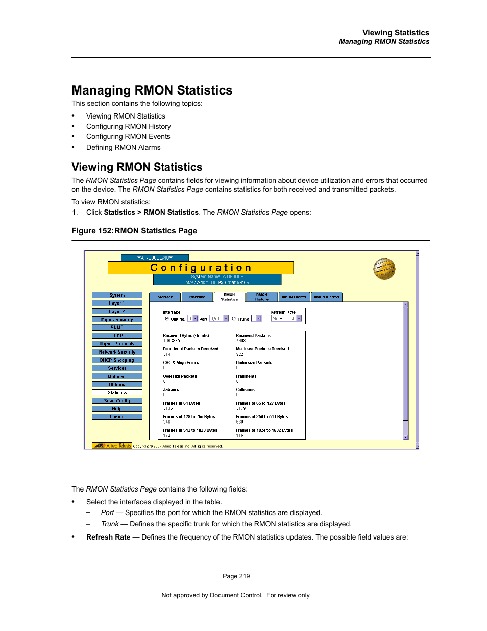 Managing rmon statistics, Viewing rmon statistics | Allied Telesis AT-S94 User Manual | Page 219 / 250