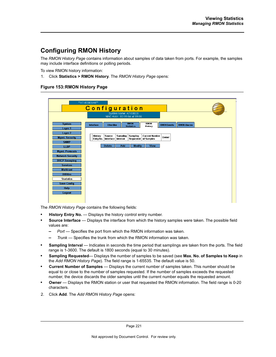 Configuring rmon history | Allied Telesis AT-S94 User Manual | Page 221 / 250