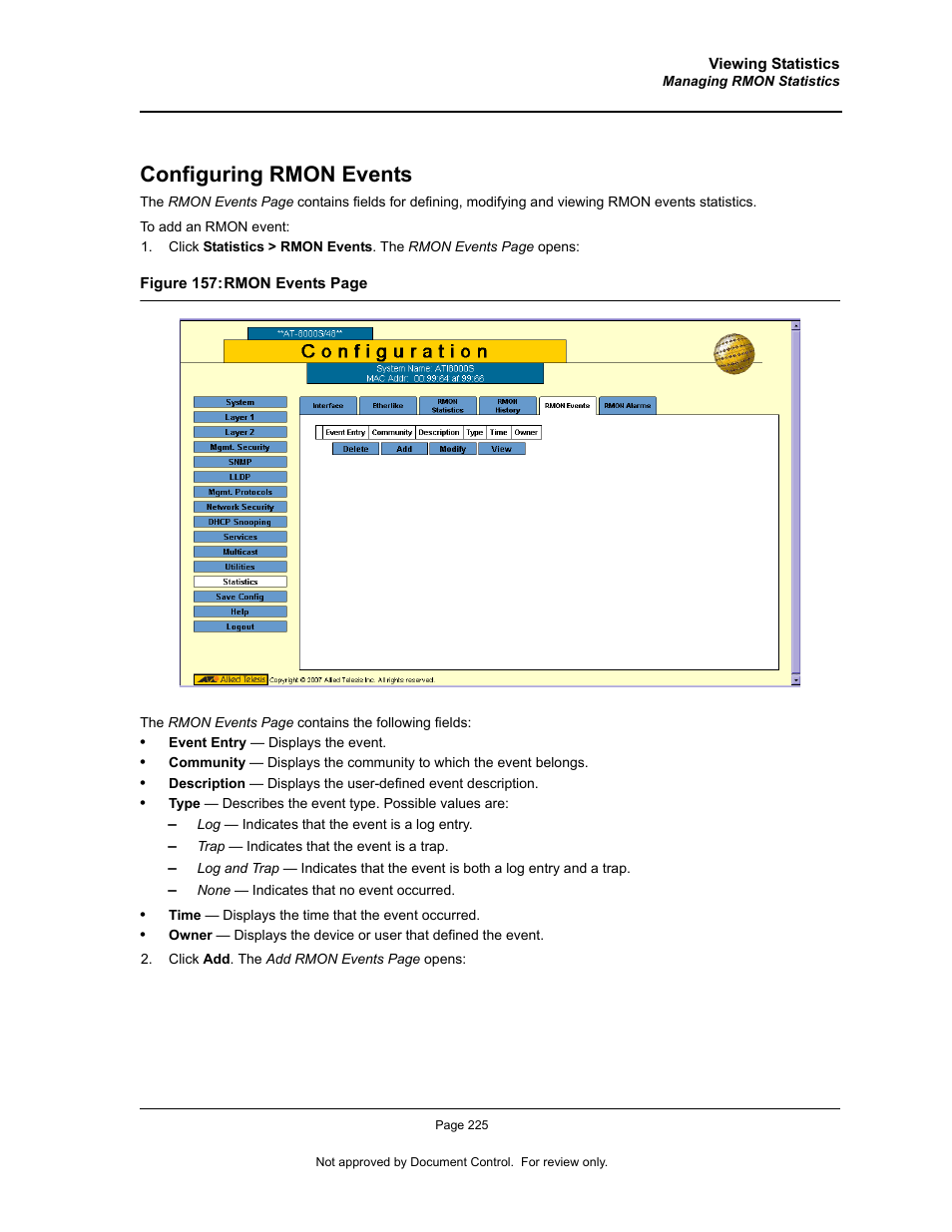 Configuring rmon events | Allied Telesis AT-S94 User Manual | Page 225 / 250