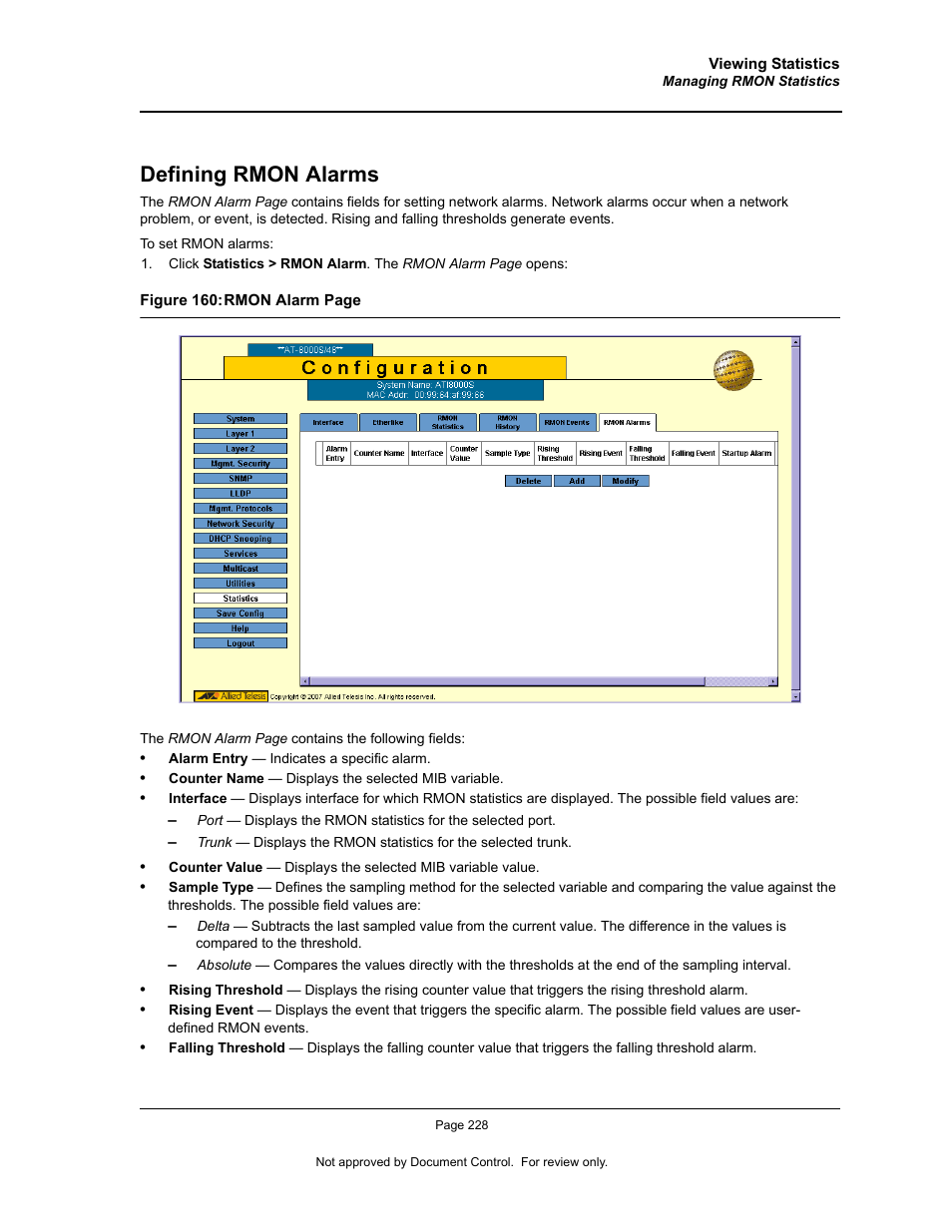 Defining rmon alarms | Allied Telesis AT-S94 User Manual | Page 228 / 250