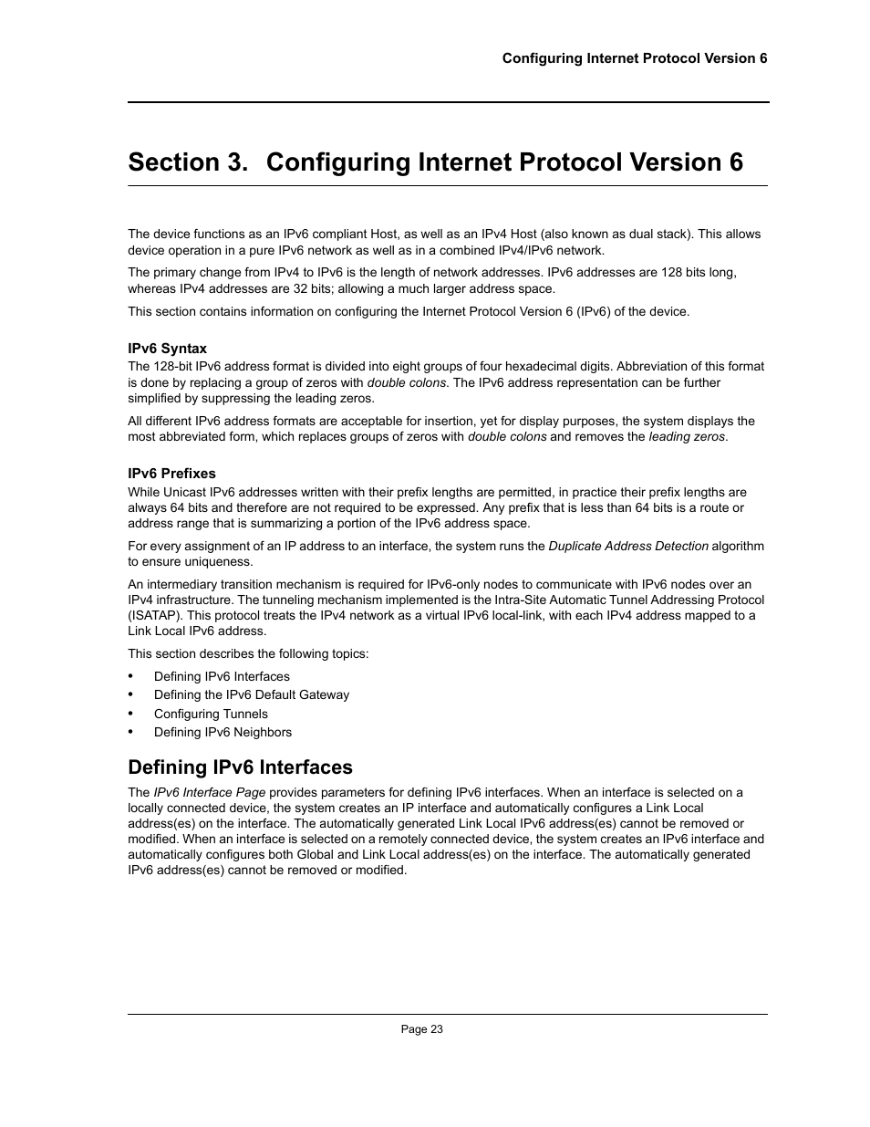Section 3. configuring internet protocol version 6, Defining ipv6 interfaces, Configuring internet protocol version 6 | Allied Telesis AT-S94 User Manual | Page 23 / 250