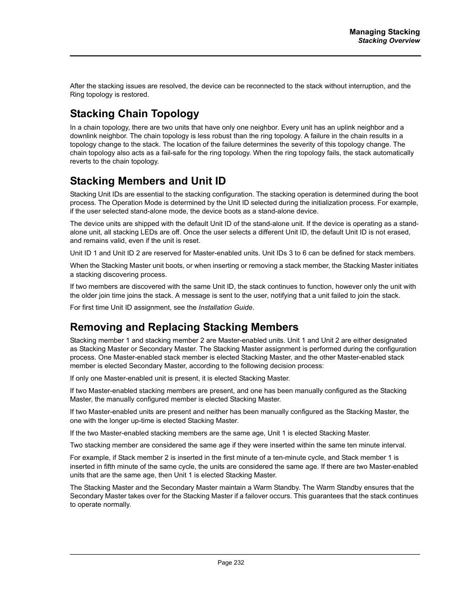 Stacking chain topology, Stacking members and unit id, Removing and replacing stacking members | Allied Telesis AT-S94 User Manual | Page 232 / 250