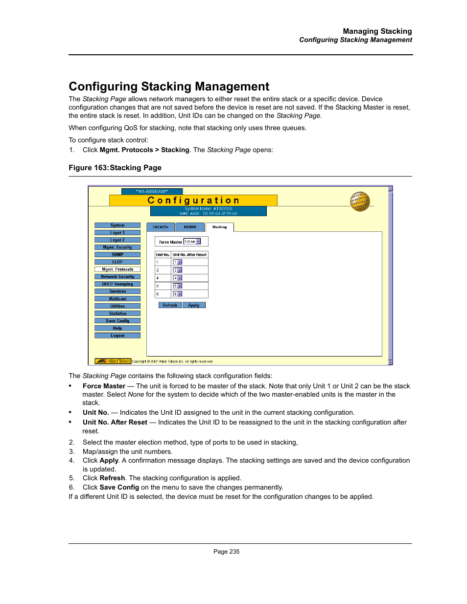 Configuring stacking management | Allied Telesis AT-S94 User Manual | Page 235 / 250