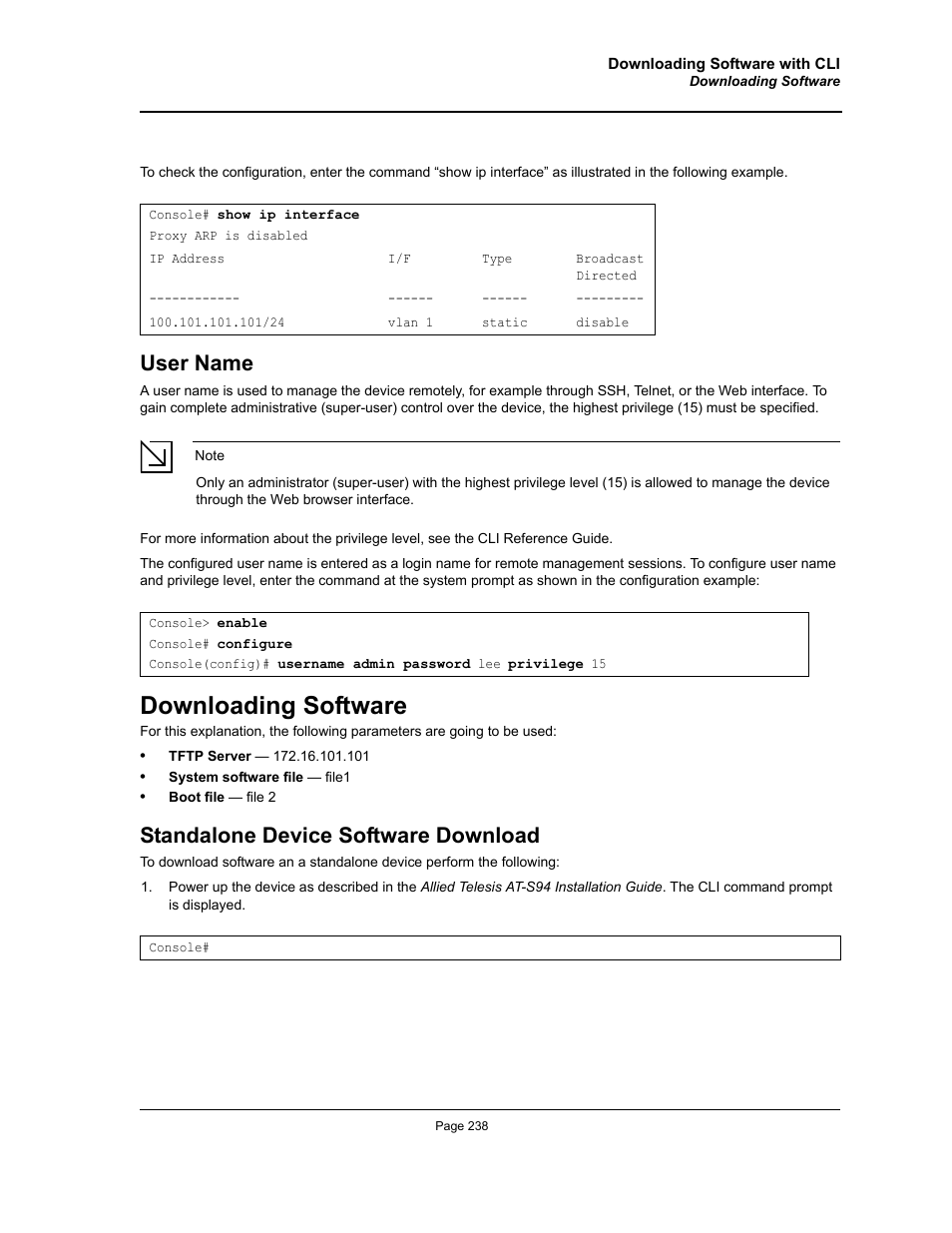 User name, Downloading software, Standalone device software download | Allied Telesis AT-S94 User Manual | Page 238 / 250