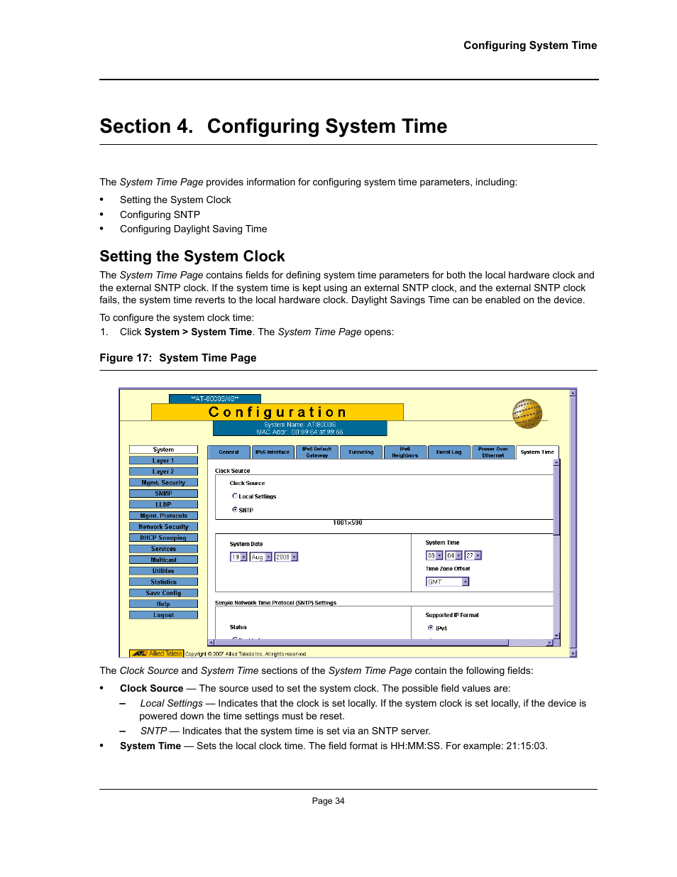 Section 4. configuring system time, Setting the system clock, Configuring system time | Allied Telesis AT-S94 User Manual | Page 34 / 250