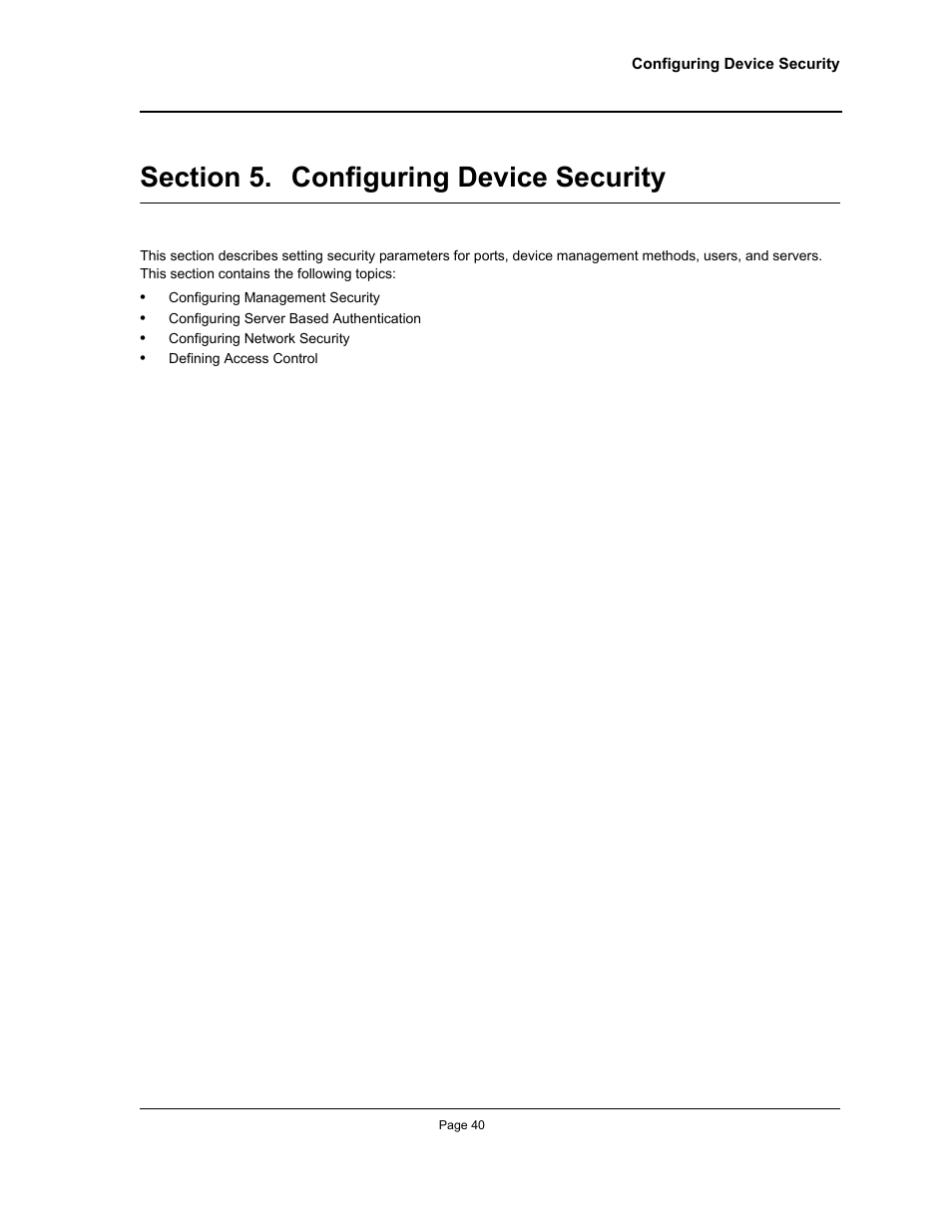 Section 5. configuring device security, Configuring device security, Configuring device security” — provi | Allied Telesis AT-S94 User Manual | Page 40 / 250