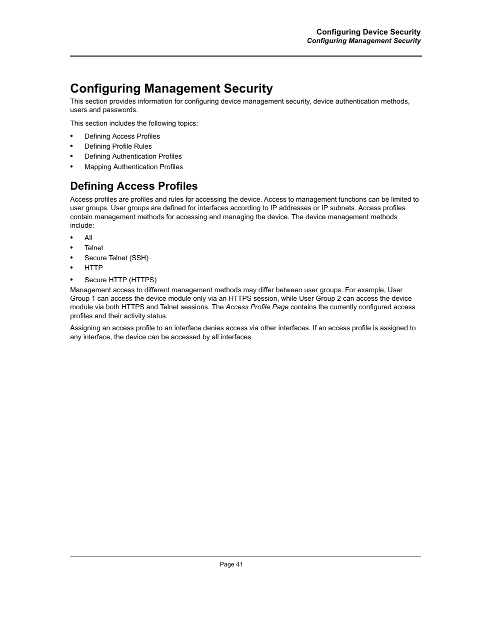 Configuring management security, Defining access profiles | Allied Telesis AT-S94 User Manual | Page 41 / 250