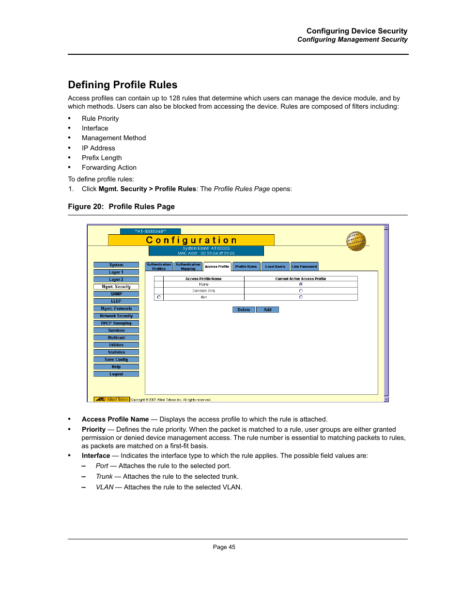 Defining profile rules | Allied Telesis AT-S94 User Manual | Page 45 / 250