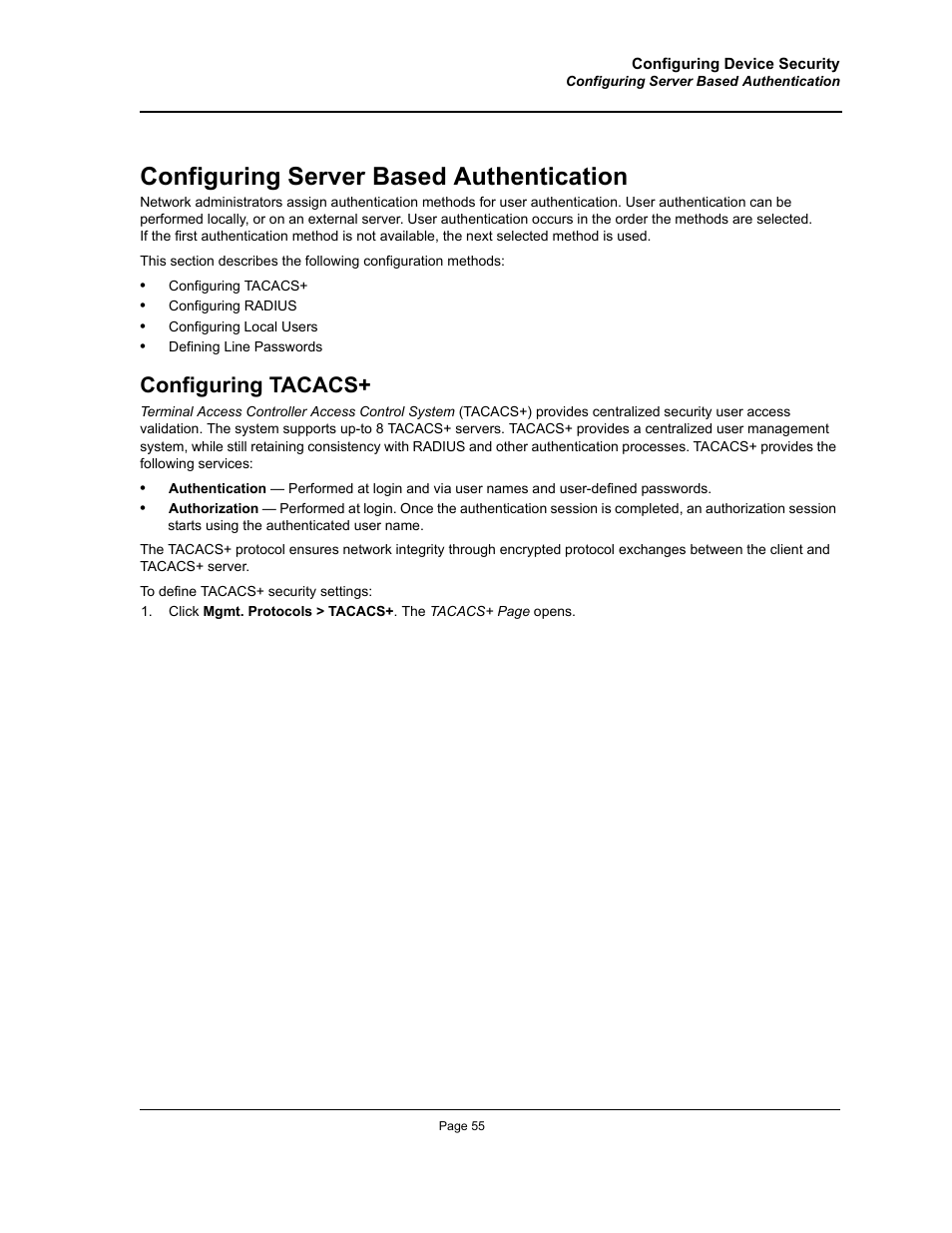 Configuring server based authentication, Configuring tacacs | Allied Telesis AT-S94 User Manual | Page 55 / 250