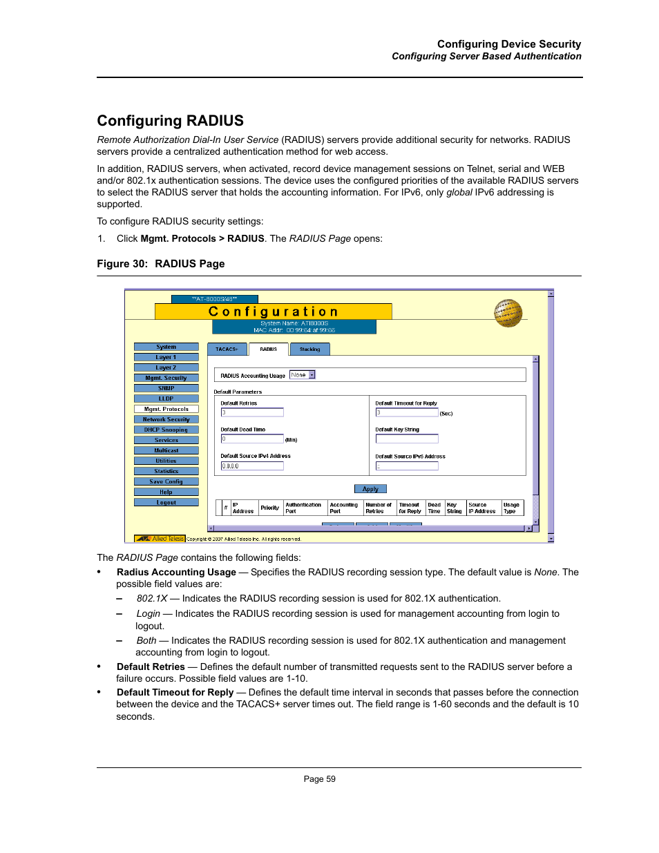 Configuring radius | Allied Telesis AT-S94 User Manual | Page 59 / 250