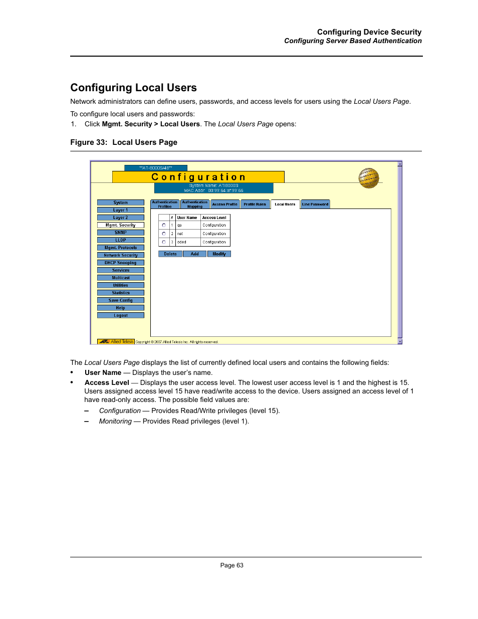Configuring local users | Allied Telesis AT-S94 User Manual | Page 63 / 250