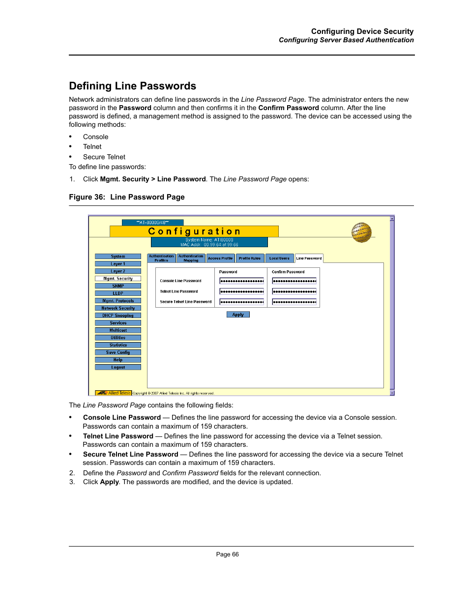 Defining line passwords | Allied Telesis AT-S94 User Manual | Page 66 / 250