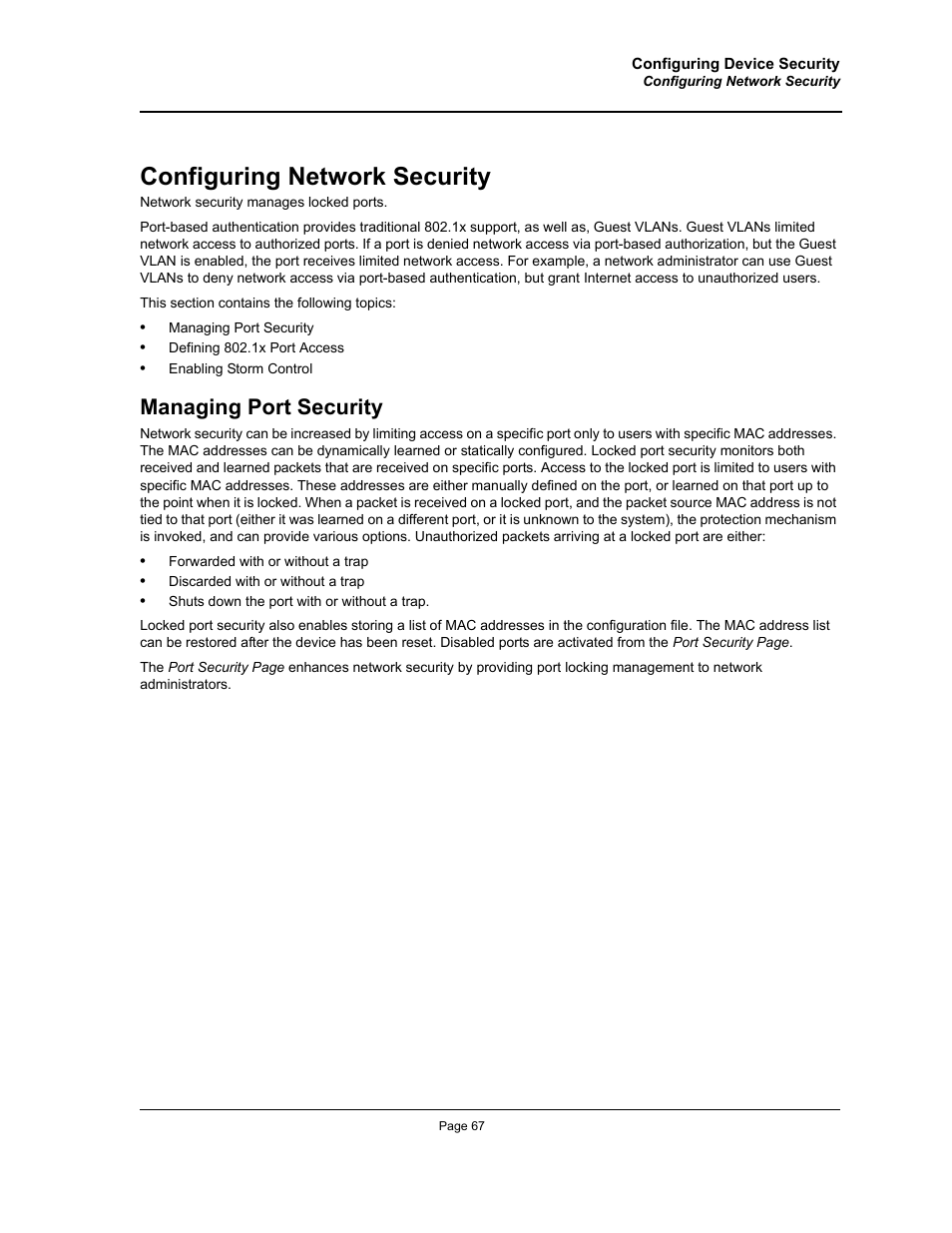 Configuring network security, Managing port security | Allied Telesis AT-S94 User Manual | Page 67 / 250