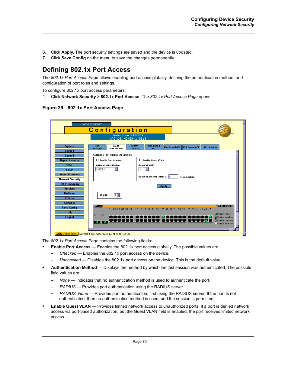 Defining 802.1x port access | Allied Telesis AT-S94 User Manual | Page 70 / 250