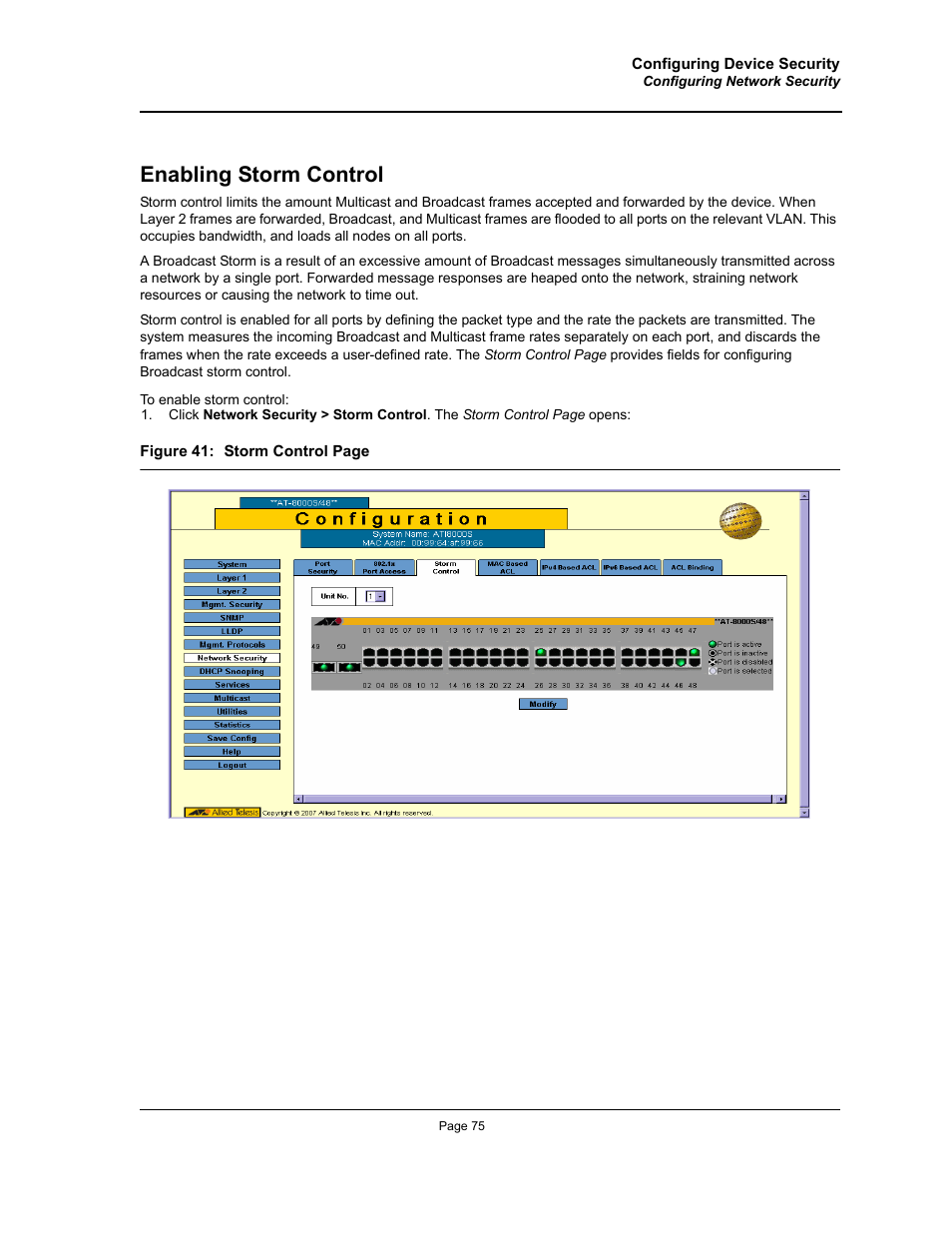 Enabling storm control | Allied Telesis AT-S94 User Manual | Page 75 / 250