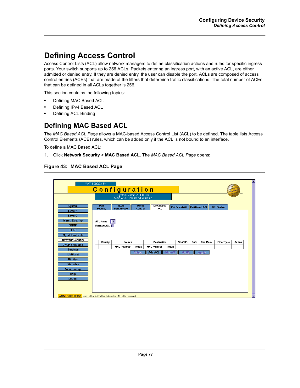 Defining access control, Defining mac based acl | Allied Telesis AT-S94 User Manual | Page 77 / 250