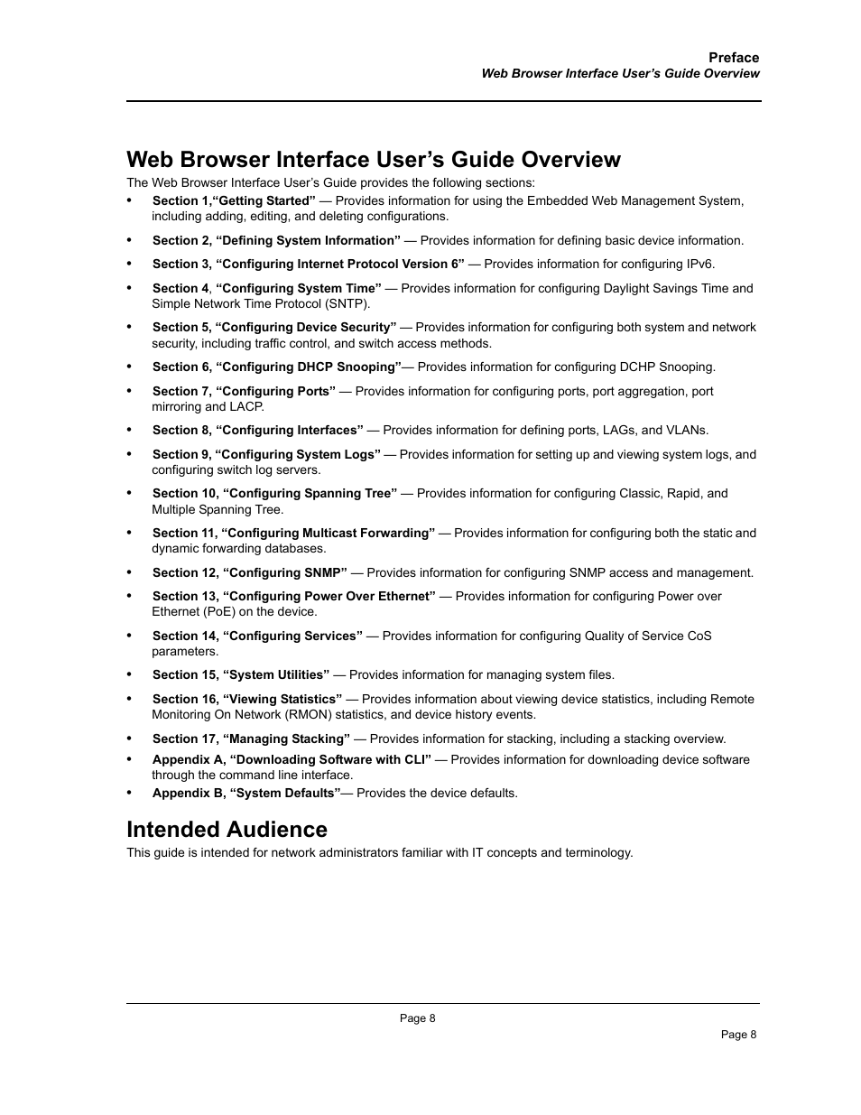 Web browser interface user’s guide overview, Intended audience | Allied Telesis AT-S94 User Manual | Page 8 / 250