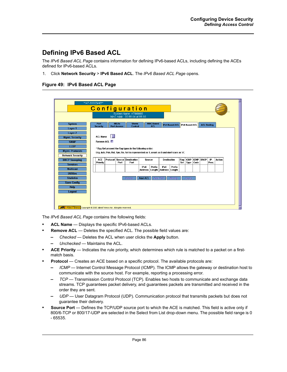 Defining ipv6 based acl | Allied Telesis AT-S94 User Manual | Page 86 / 250