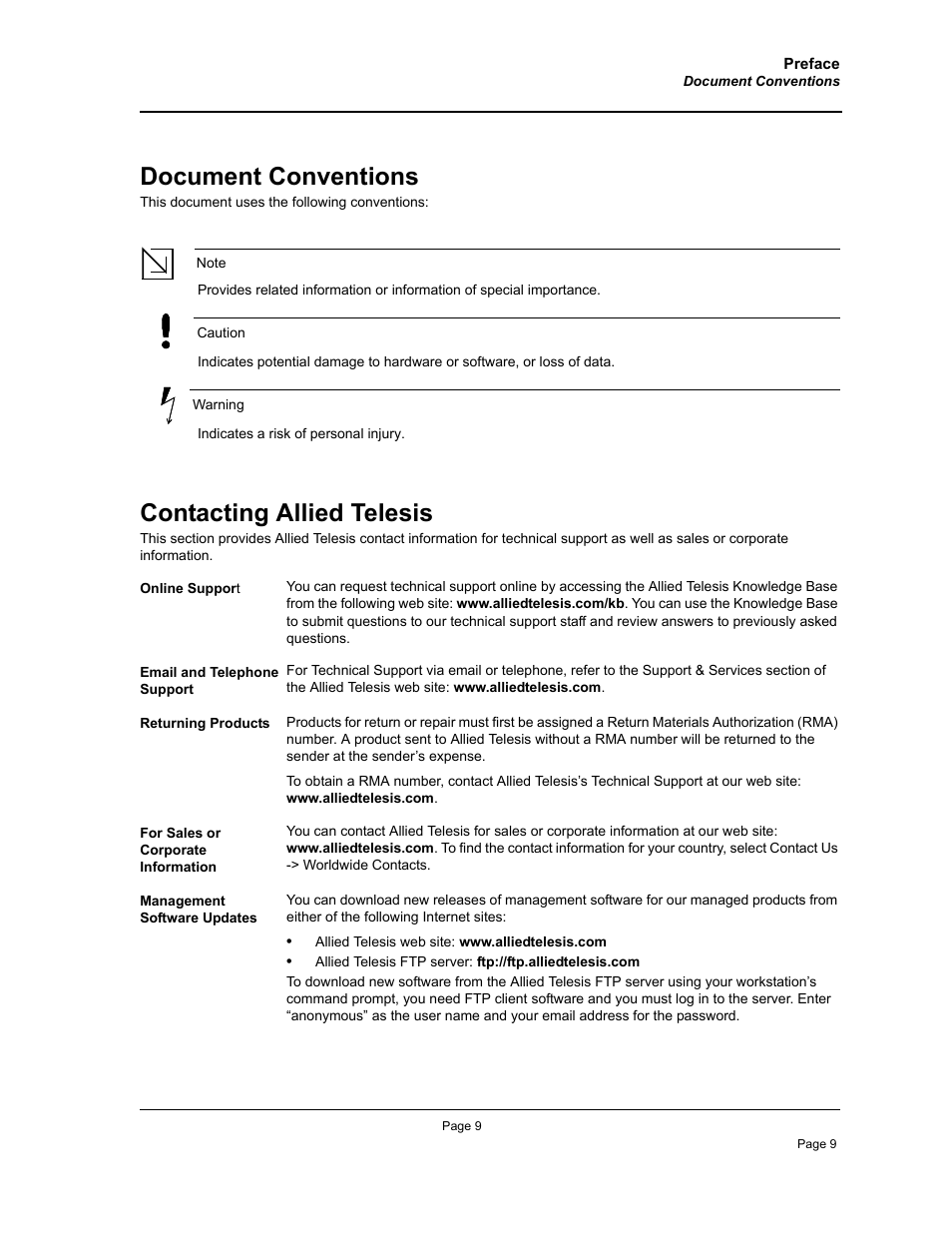 Document conventions, Contacting allied telesis, Document conventions contacting allied telesis | Allied Telesis AT-S94 User Manual | Page 9 / 250