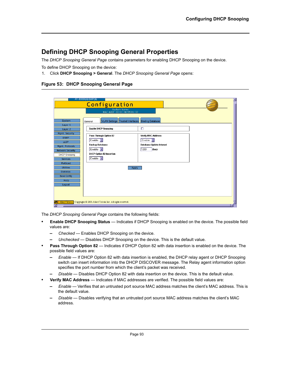 Defining dhcp snooping general properties | Allied Telesis AT-S94 User Manual | Page 93 / 250