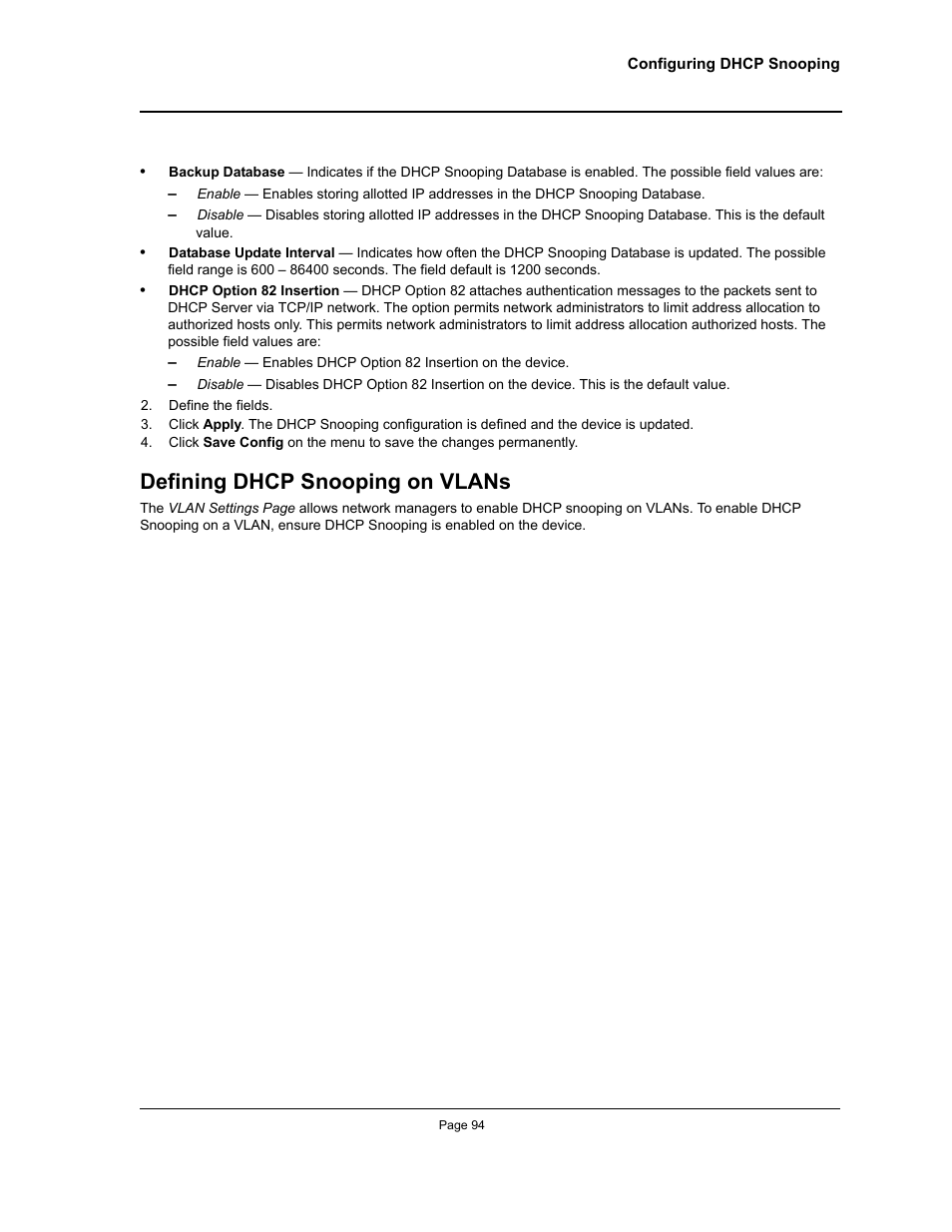 Defining dhcp snooping on vlans | Allied Telesis AT-S94 User Manual | Page 94 / 250