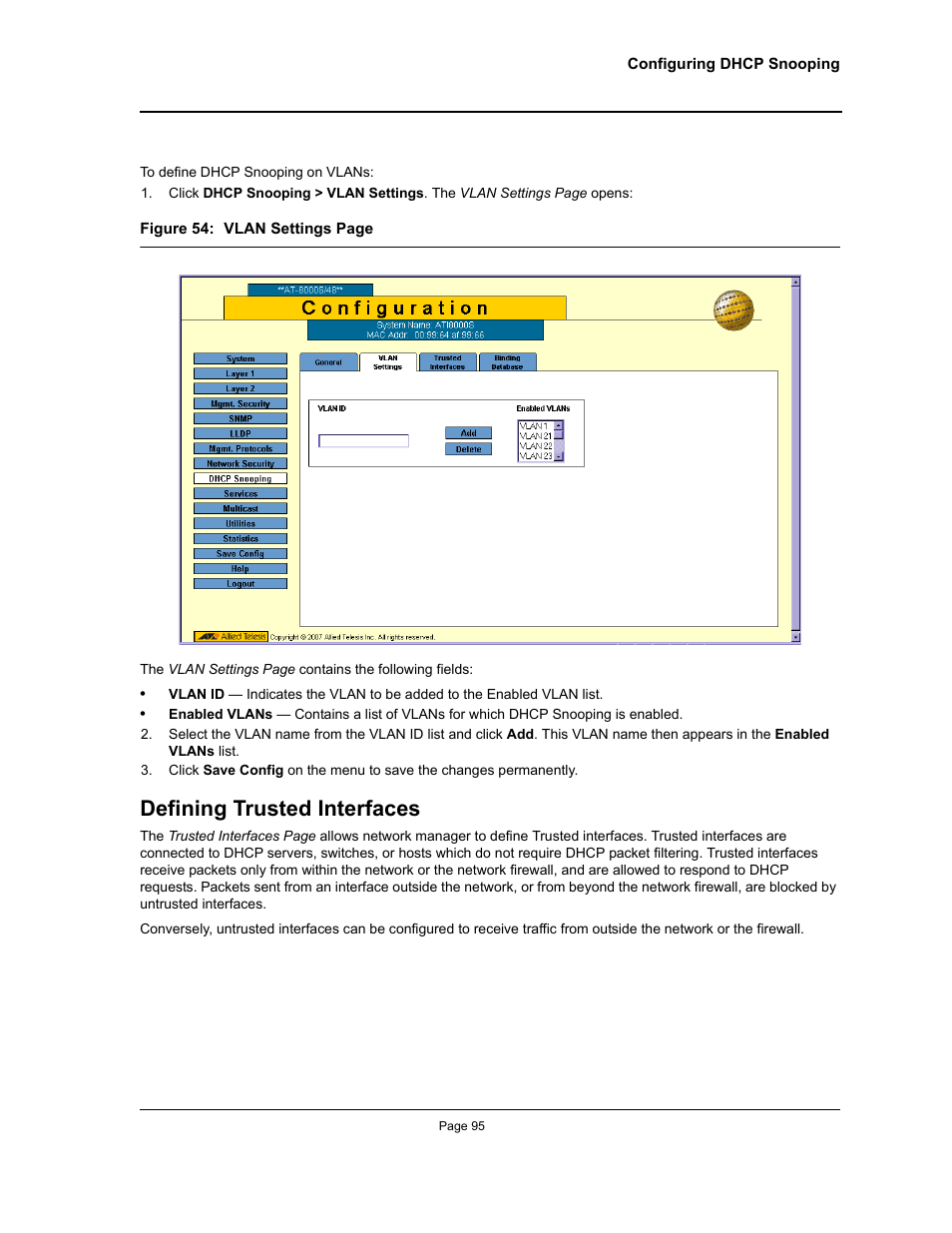 Defining trusted interfaces | Allied Telesis AT-S94 User Manual | Page 95 / 250