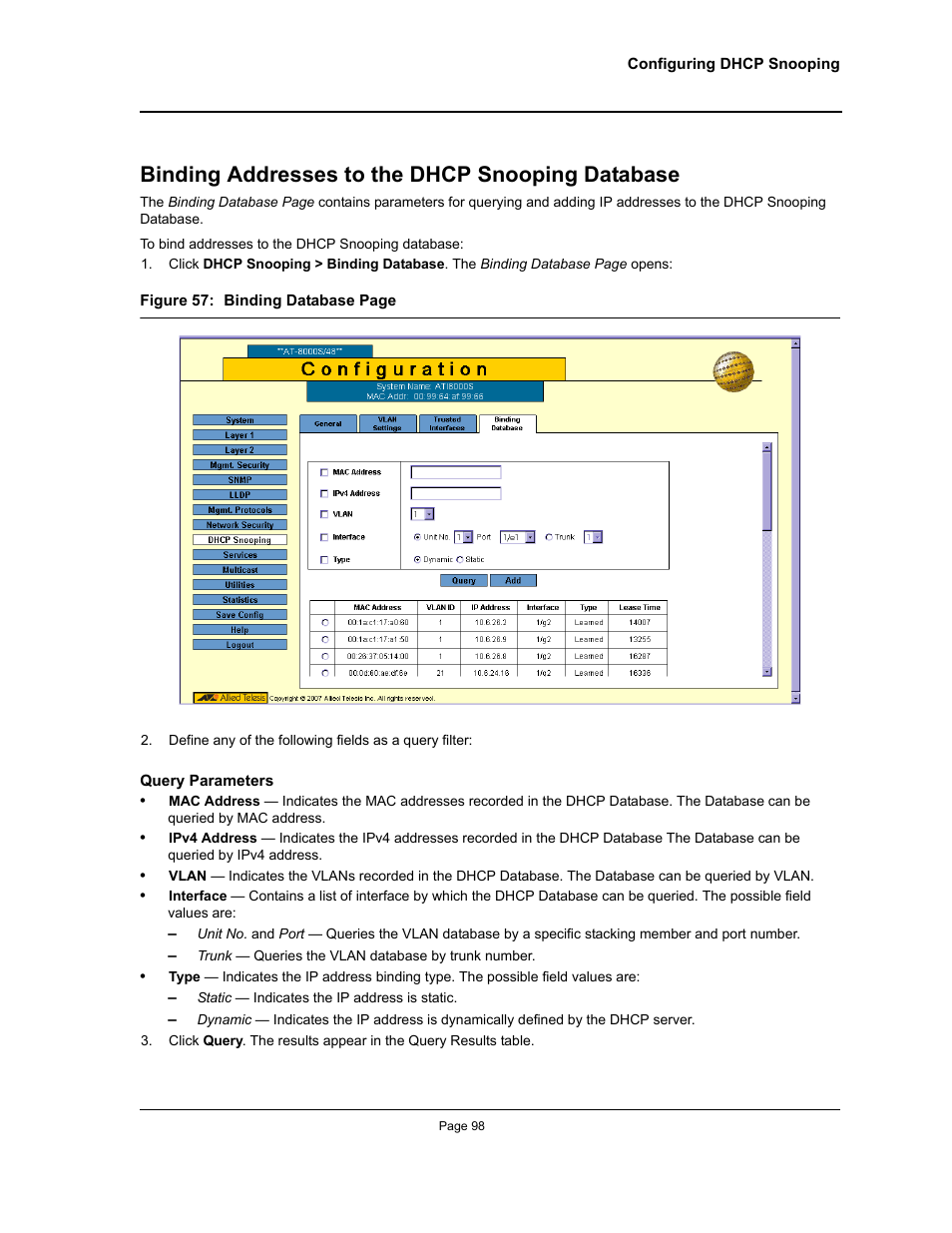 Binding addresses to the dhcp snooping database | Allied Telesis AT-S94 User Manual | Page 98 / 250