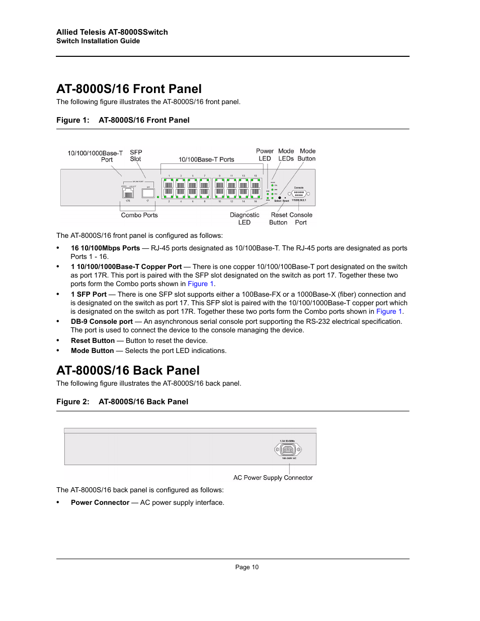 At-8000s/16 front panel, At-8000s/16 back panel, At-8000s/16 front panel at-8000s/16 back panel | Allied Telesis AT-8000S User Manual | Page 10 / 48