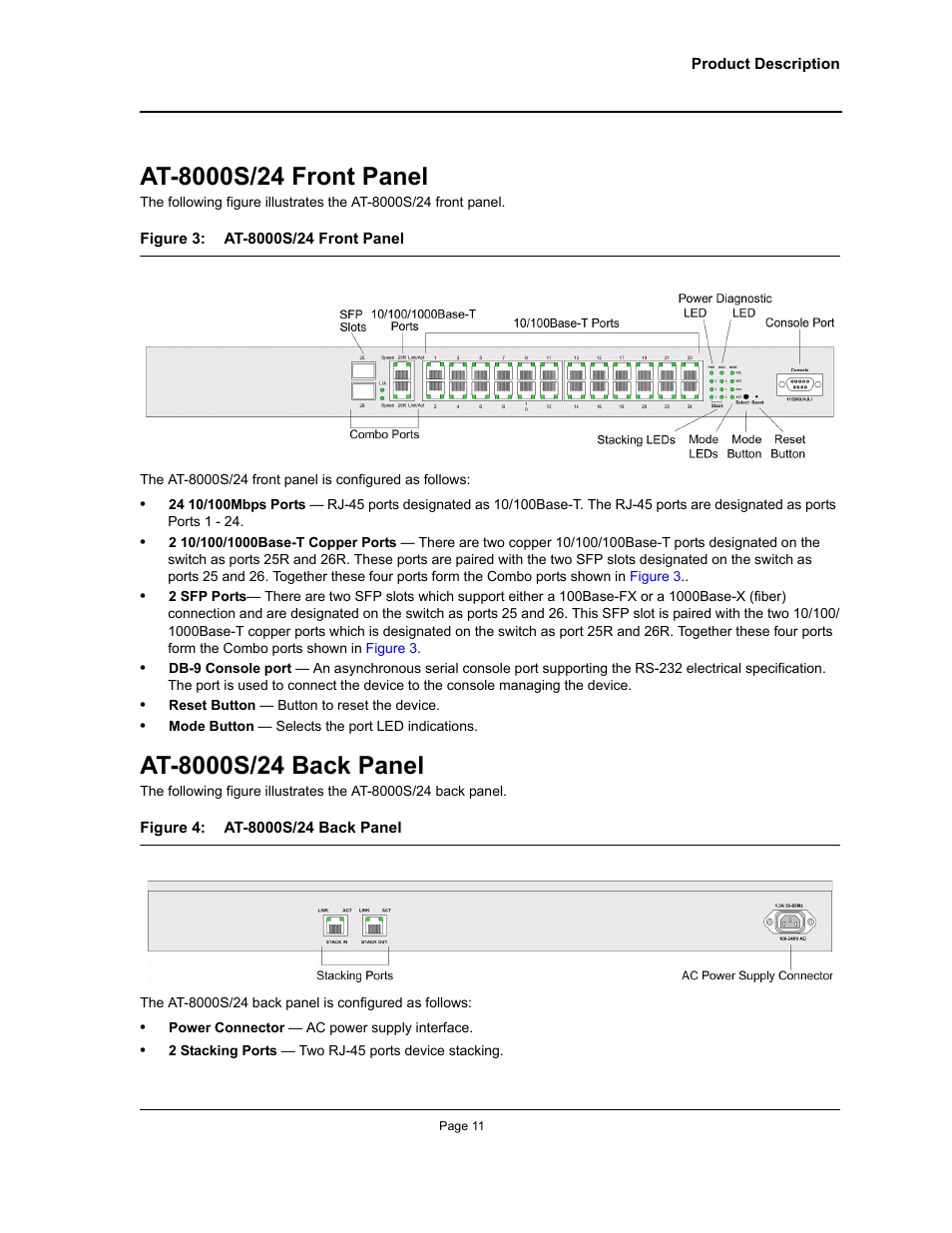 At-8000s/24 front panel, At-8000s/24 back panel, At-8000s/24 front panel at-8000s/24 back panel | Allied Telesis AT-8000S User Manual | Page 11 / 48