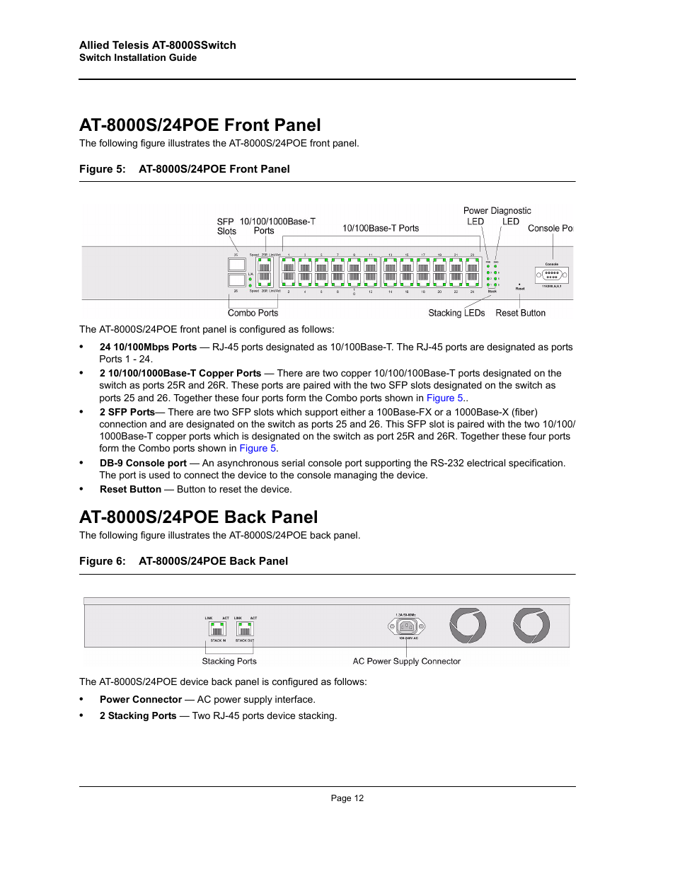At-8000s/24poe front panel, At-8000s/24poe back panel | Allied Telesis AT-8000S User Manual | Page 12 / 48