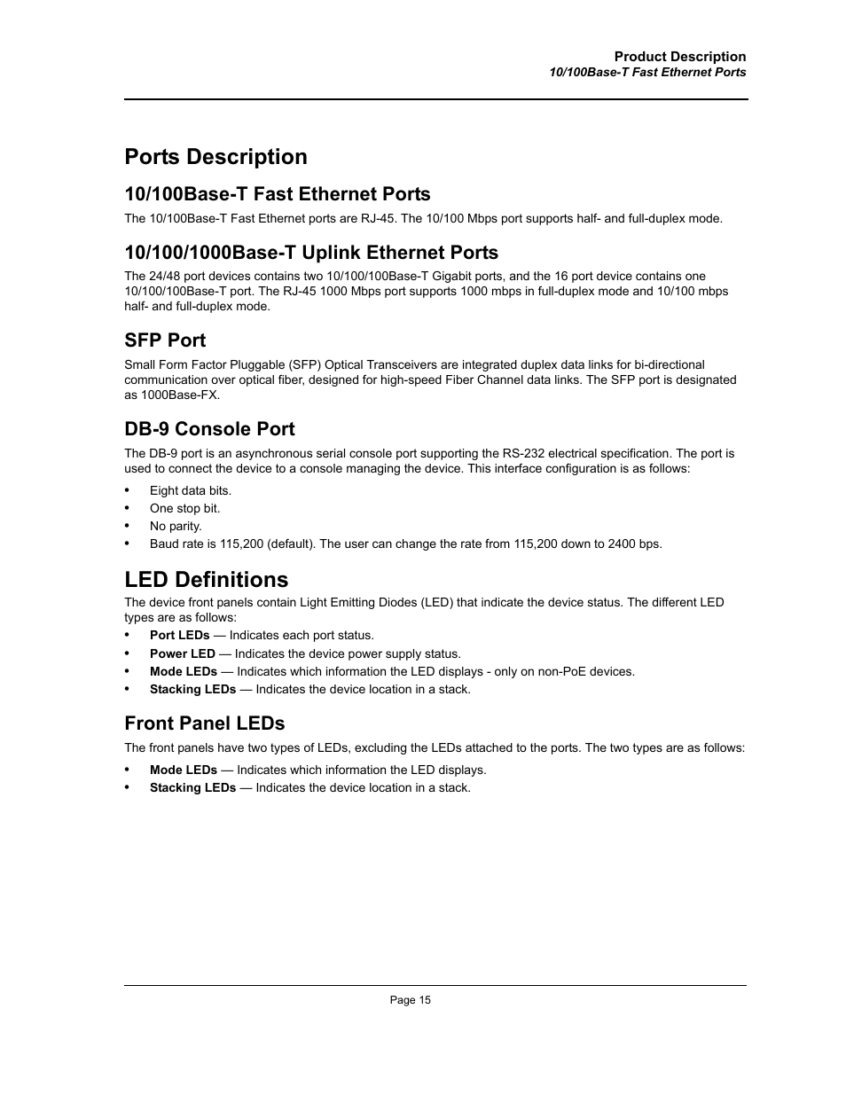 Ports description, 10/100base-t fast ethernet ports, 10/100/1000base-t uplink ethernet ports | Sfp port, Db-9 console port, Led definitions, Front panel leds | Allied Telesis AT-8000S User Manual | Page 15 / 48