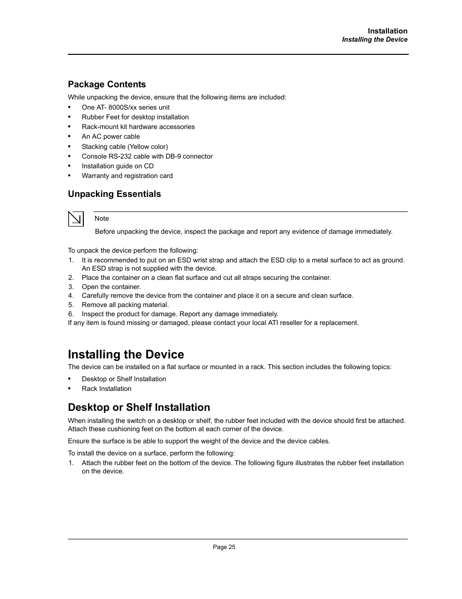 Installing the device, Desktop or shelf installation | Allied Telesis AT-8000S User Manual | Page 25 / 48