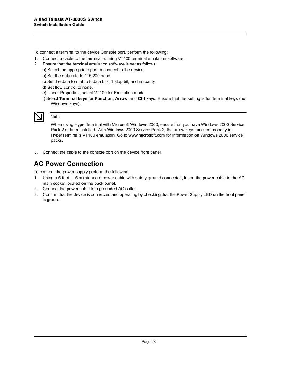 Ac power connection | Allied Telesis AT-8000S User Manual | Page 28 / 48