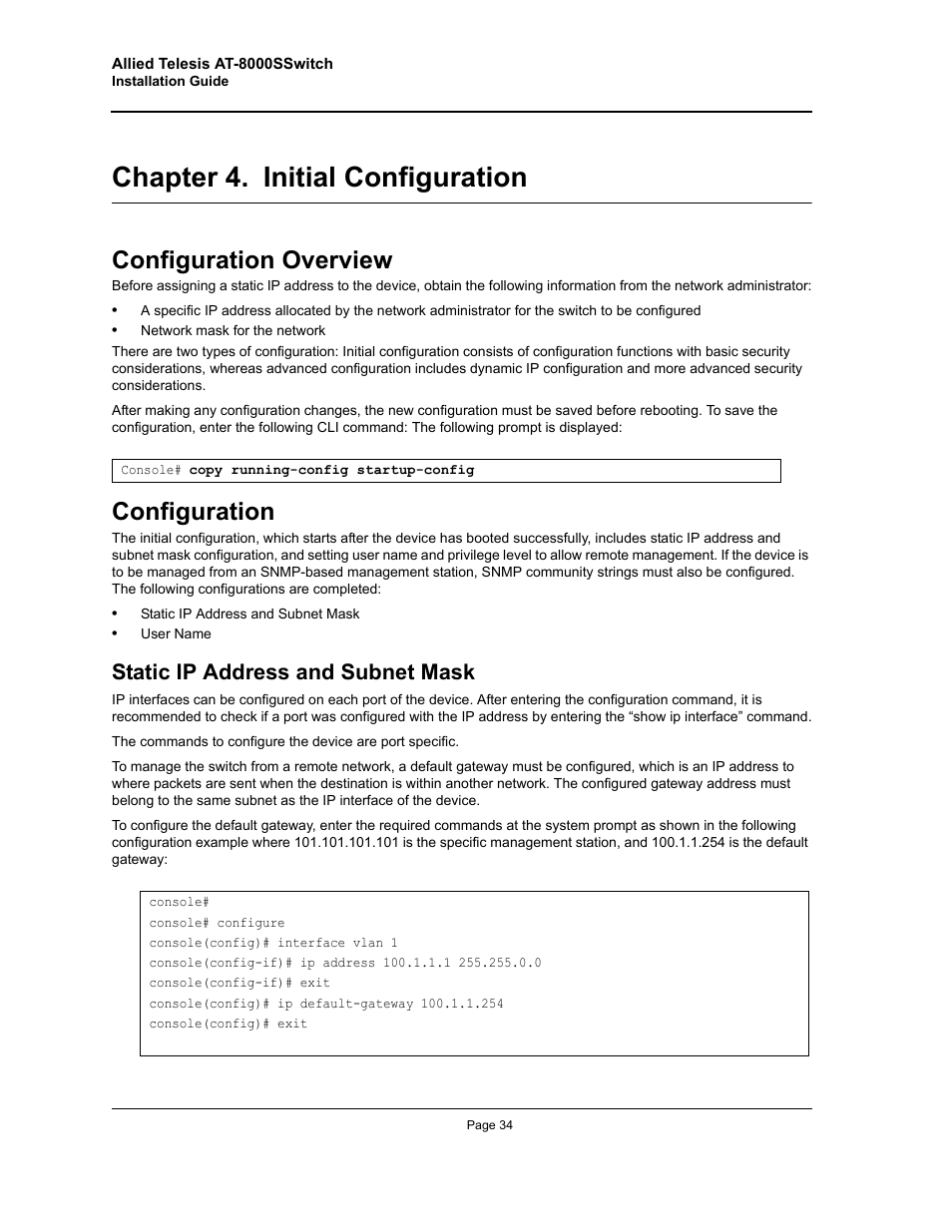 Chapter 4. initial configuration, Configuration overview, Configuration | Static ip address and subnet mask, Initial configuration, Configuration overview configuration, Chapter 4 initial configuration | Allied Telesis AT-8000S User Manual | Page 34 / 48