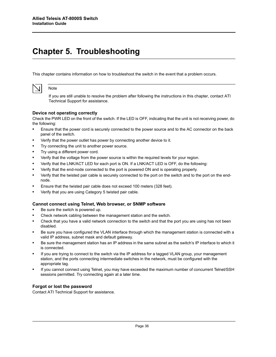 Chapter 5. troubleshooting, Troubleshooting, Chapter 5 troubleshooting | Allied Telesis AT-8000S User Manual | Page 36 / 48