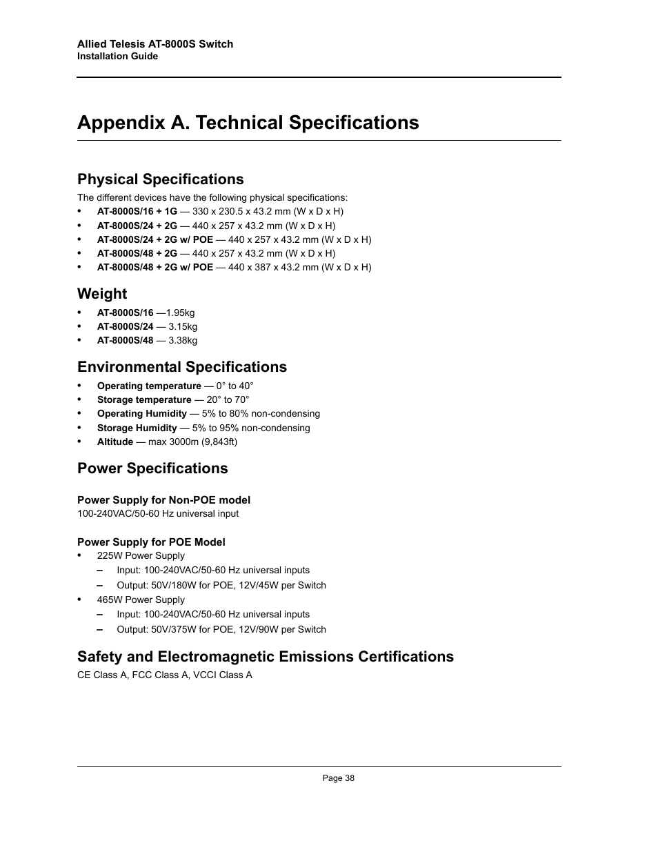 Appendix a. technical specifications, Physical specifications, Weight | Environmental specifications, Power specifications, Technical specifications, Appendix a technical specifications | Allied Telesis AT-8000S User Manual | Page 38 / 48