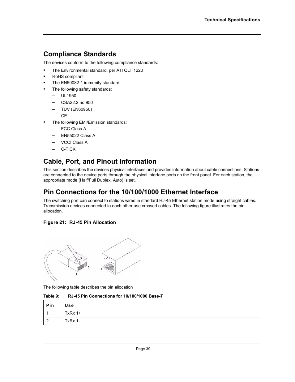 Compliance standards, Cable, port, and pinout information | Allied Telesis AT-8000S User Manual | Page 39 / 48