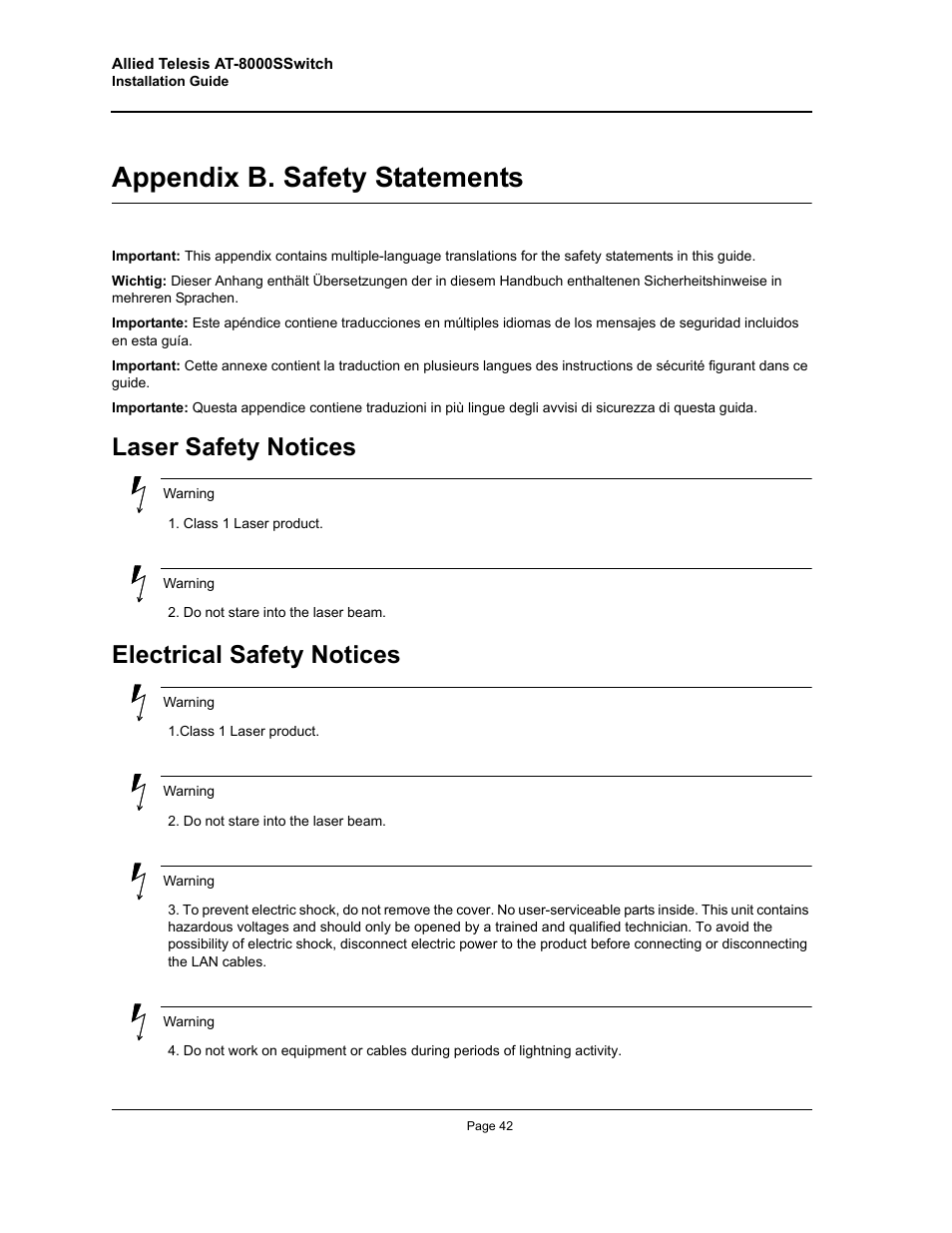Appendix b. safety statements, Laser safety notices, Electrical safety notices | Safety statements, Laser safety notices electrical safety notices | Allied Telesis AT-8000S User Manual | Page 42 / 48