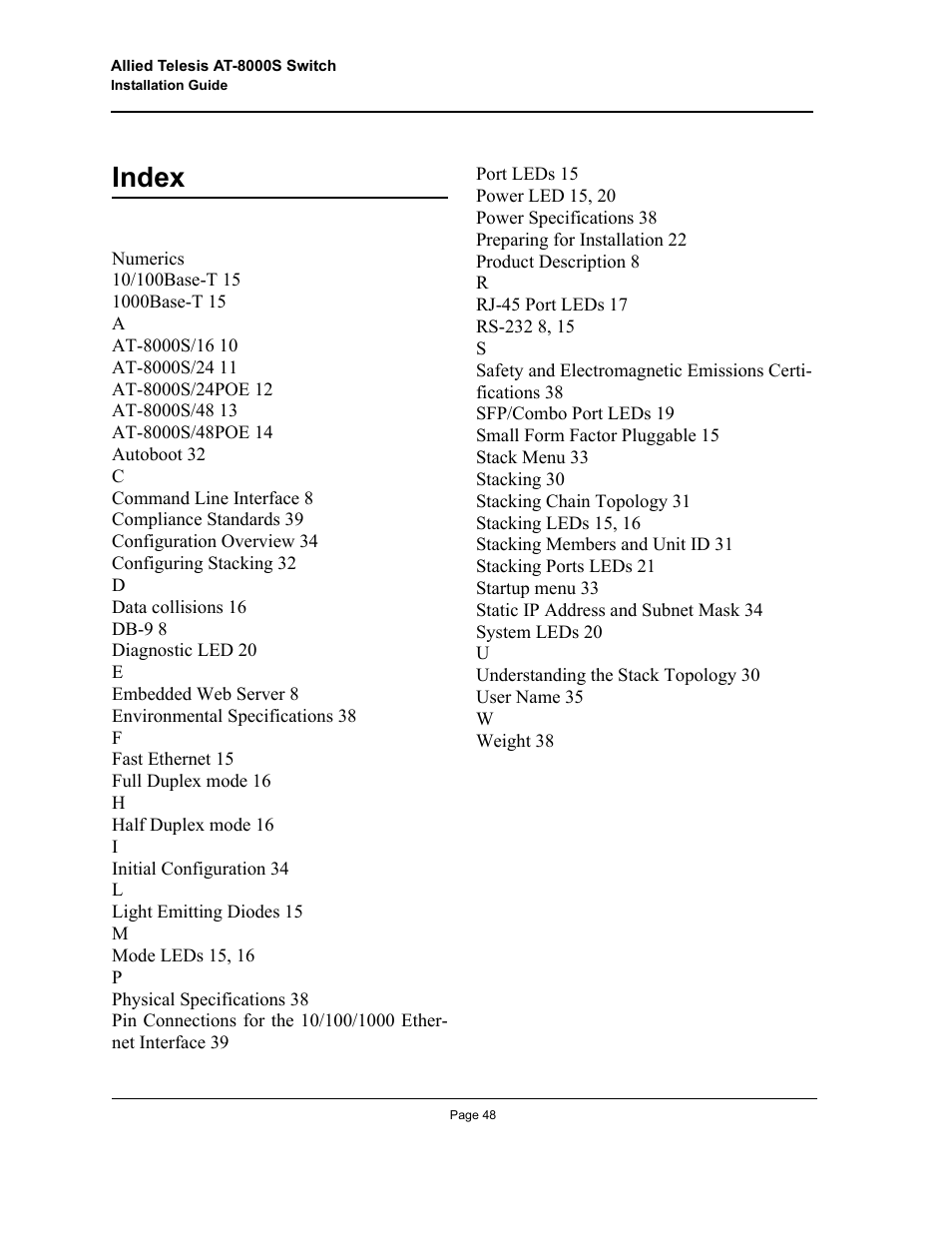 Index | Allied Telesis AT-8000S User Manual | Page 48 / 48