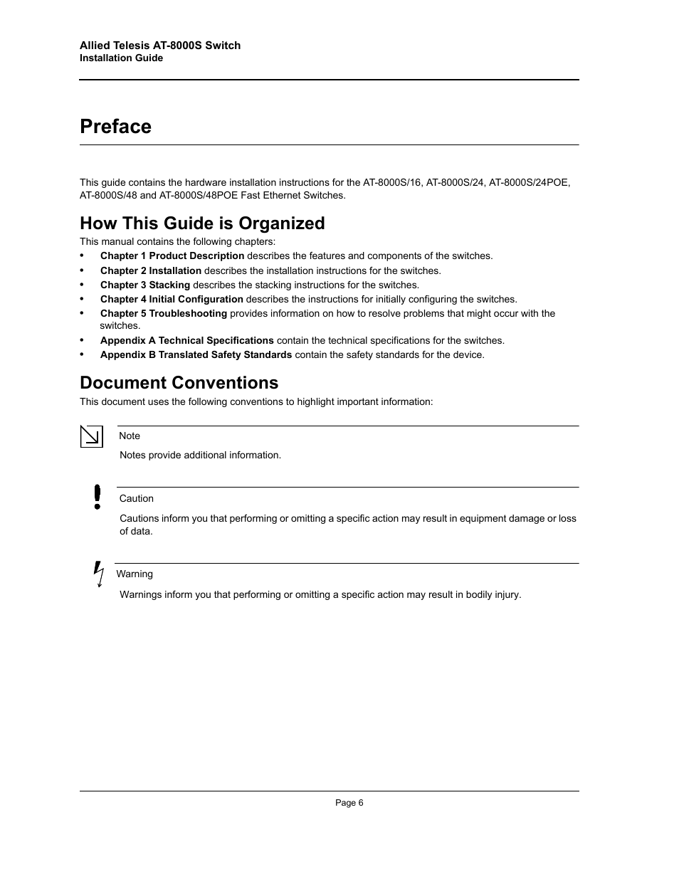 How this guide is organized, Document conventions, Preface | How this guide is organized document conventions | Allied Telesis AT-8000S User Manual | Page 6 / 48