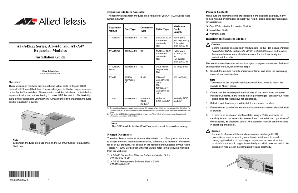 Allied Telesis AT-A47 Expansion Modules User Manual | 2 pages