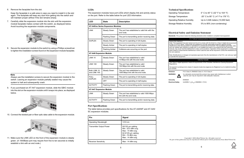 Leds, Port specifications, Technical specifications | Electrical safety and emission statement, Pin signal, Class 1 laser p roduct do not stare into be am | Allied Telesis AT-A47 Expansion Modules User Manual | Page 2 / 2
